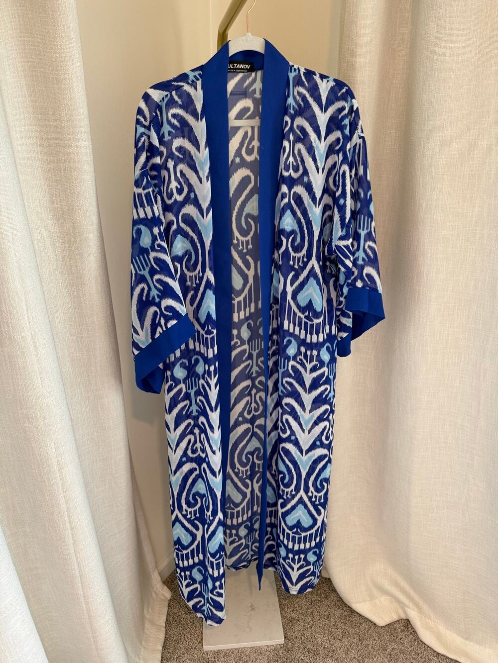 Sultanov Kimono Top Womens Blue Geometric Print Oversized 3/4 Sleeve Open Front